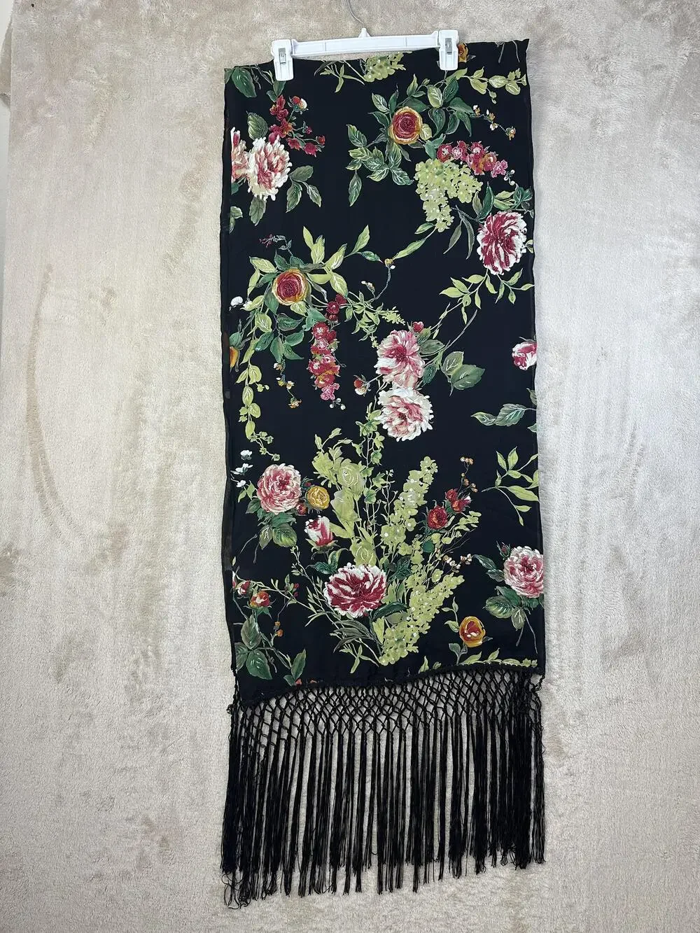 Kay Unger Silk Scarf Womens Black Chiffon Beaded Rose Floral Fringe 80